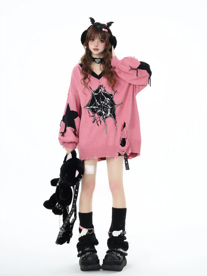 Crazy Girl Spider Halloween Pink Black Knit Sweater