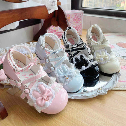 Soft Teasure Rabbit Lace Pink Blue Cream Black Mary Jane Shoes