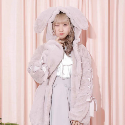 Jirai Kei Pink White Black Rabbit Ears Thick Winter Hoodie Jacket