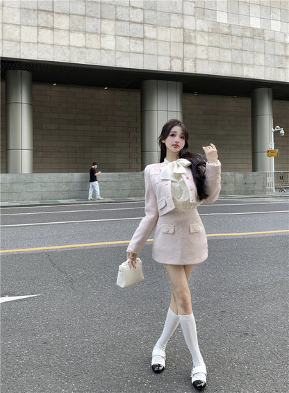 Soft Light Pink Woolen Jacket & Mini Skirt Autumn Two Piece Set