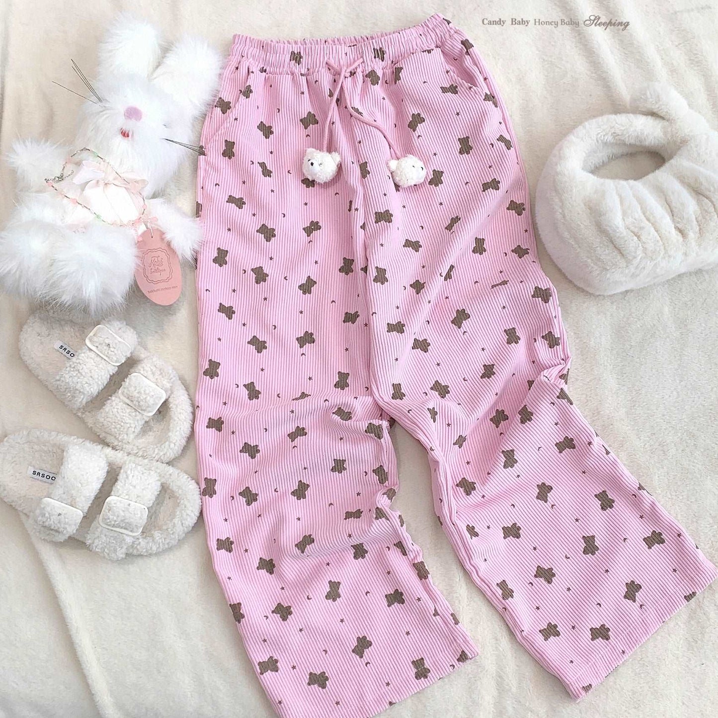 Dormir Doll Bear Cookie Print Corduroy Beige Pink Elastic Waist Pants