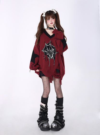 Crazy Girl Love Cycle Spider Web Red Black Sweater Top