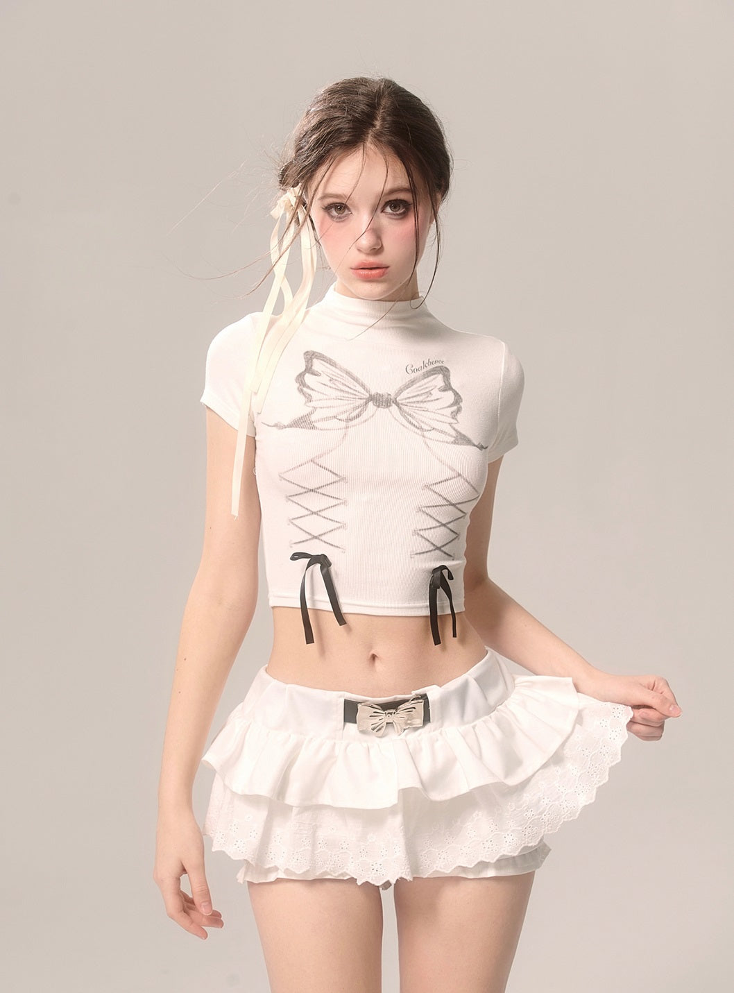 Young Eyes Butterfly Coquette Bow White & Gray Shirt Top