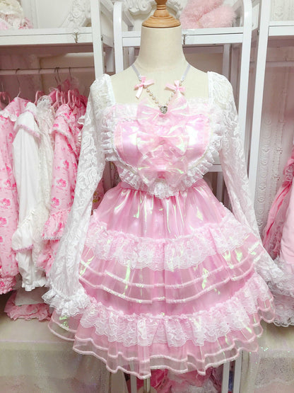 Candy Fairy Party Banquet Sweet Pink Sparkling Ruffled Long Sleeve Dress