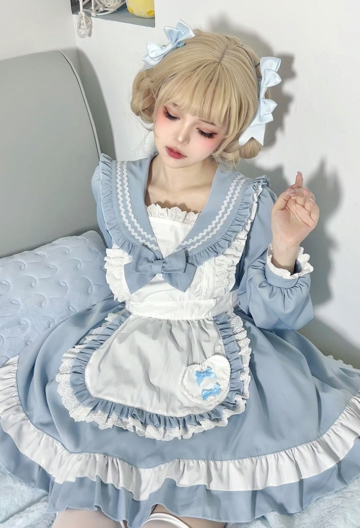 Serendipity Lolita Cosplay Blue & Pink Lace Ruffled Apron Maid Dress