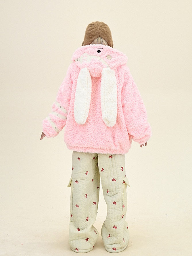 Crazy Girl Patchwork Brown Pink Rabbit Ears Jacket Hoodie