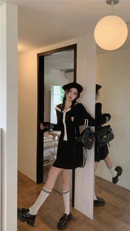 Academia Chic Autumn Cute Black Long Sleeve Knit Cardigan Top & Pleated Mini Skirt Two Piece Set