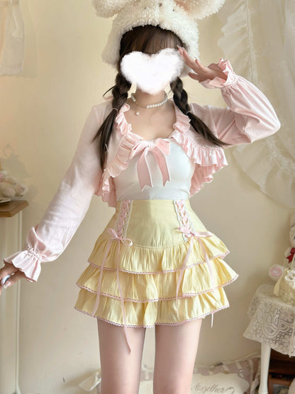 Sweet Colorful Pastel Doll Ruffled Bow Cake Layered Mini Skirt