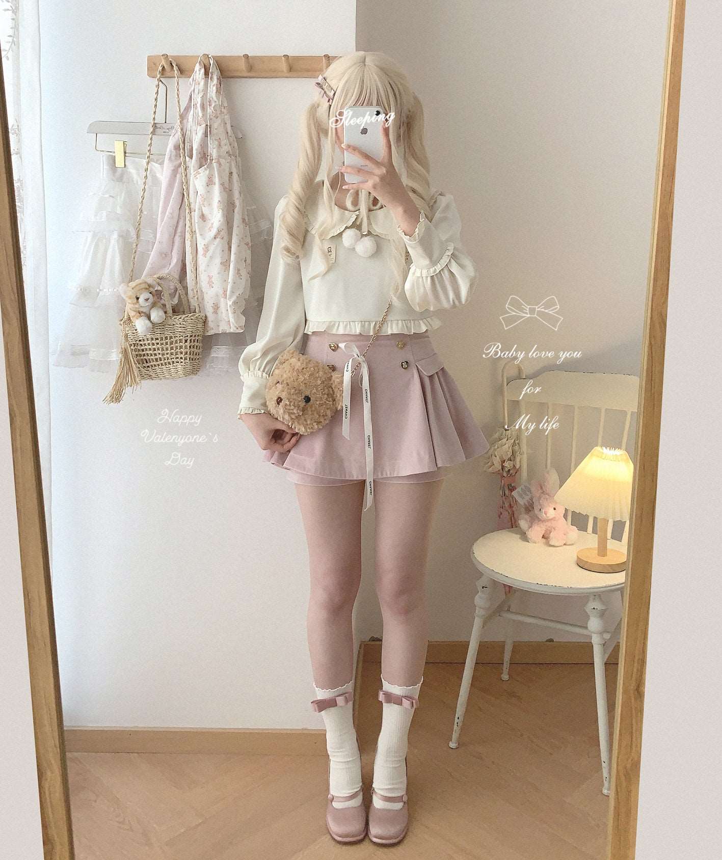 Bear Souffle Sweet Pompom Balls Shirt Blouse & Purple Beige Strap Dress & Skirt Three Piece Set