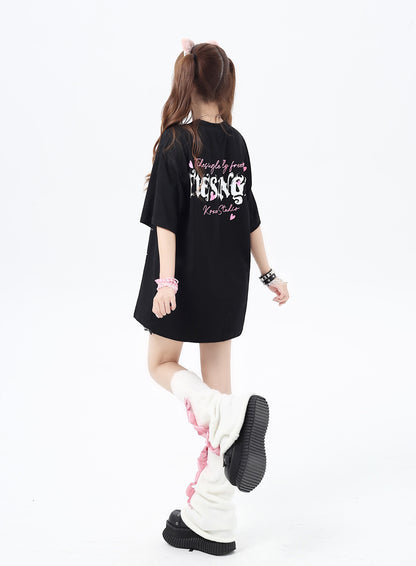 Crazy Girl Tiesingle Bow Black White Oversize T-shirt