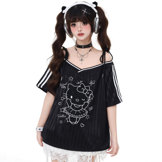 Crazy Girl Sporty Black & White Kitty Shirt Top