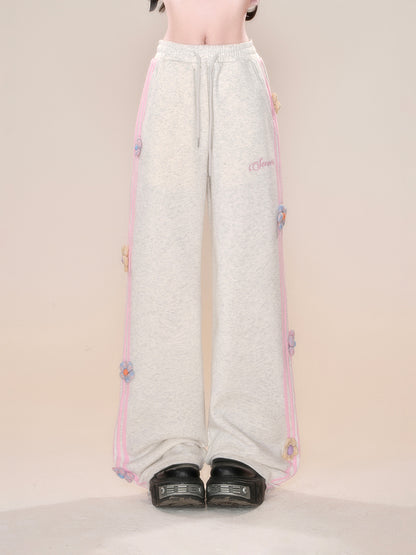 Young Eyes Sweet Flower Gray Pink Elastic Waist Sweatpants