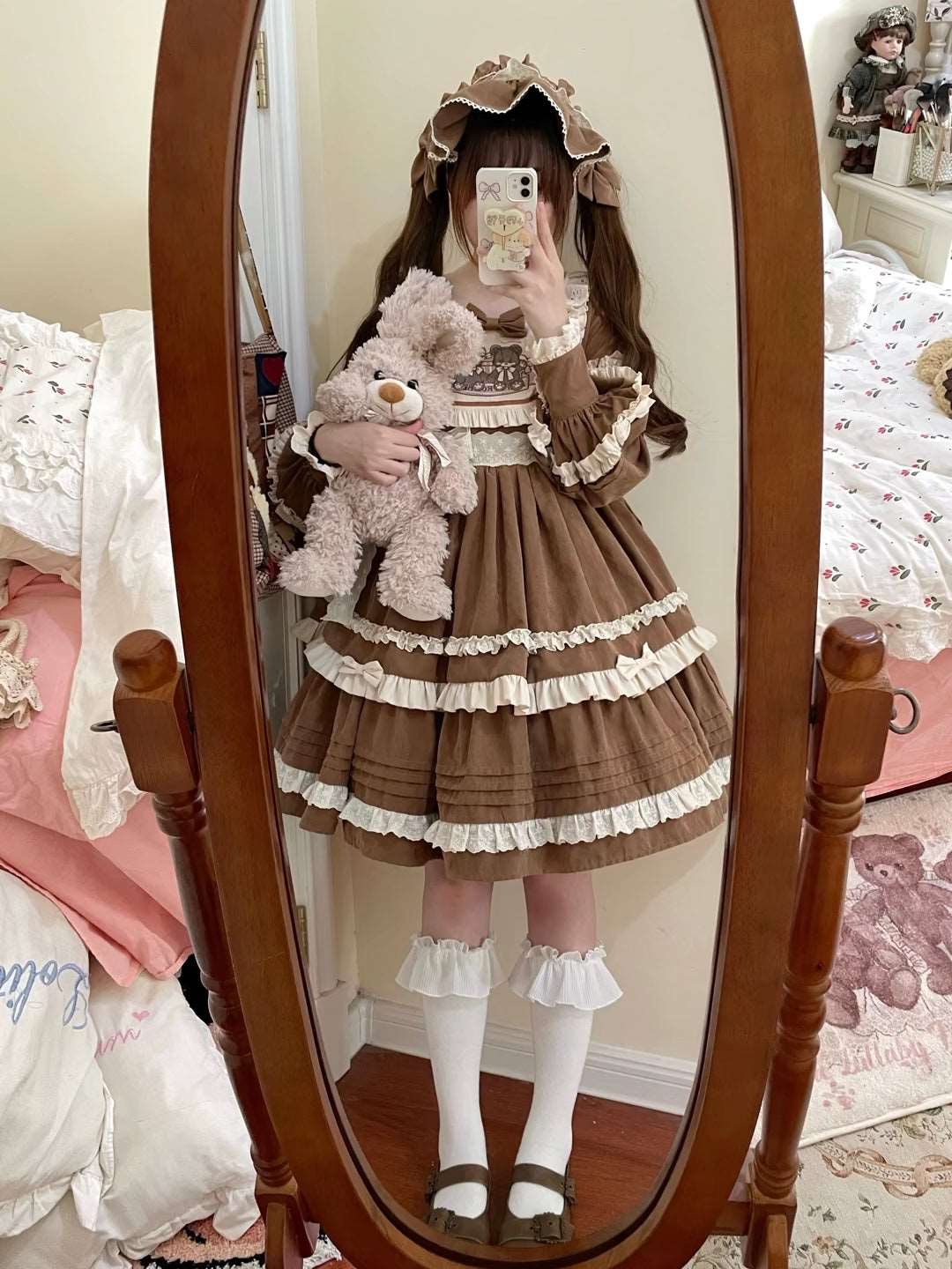 EGL Bear Pink Brown Puff Sleeve Ruffle Cake Dress