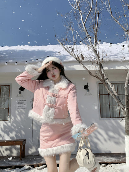 Winter Pink Sweet Girl Suede Fur Jacket & Skirt Two Piece Set