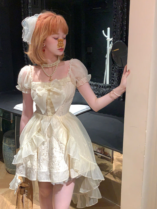 Picnic Girl Cream Puff Sleeve Ruffled Fishtail Dress