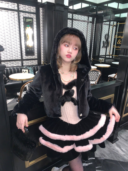 Picnic Girl Winter Black Pink Strap Fur Ruffled Dress & Hooded Jacket Two Piece Set