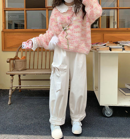 Sweet Fall Autumn Wool Pink White Three Bows Loose Pants