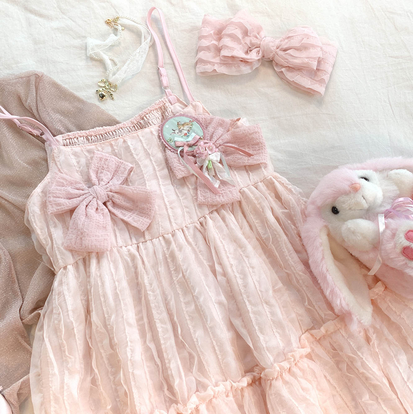 Dormir Doll Cream Bow Chiffon PInk Blue Ruffled Strap Dress