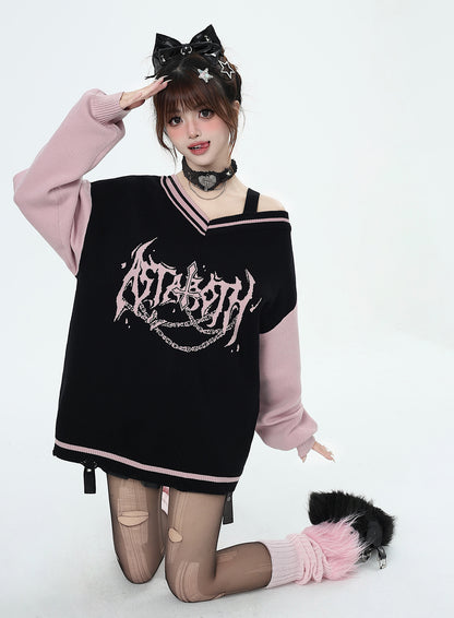 Crazy Girl Love Talent Black Pink Punk V Neck Sweater Top