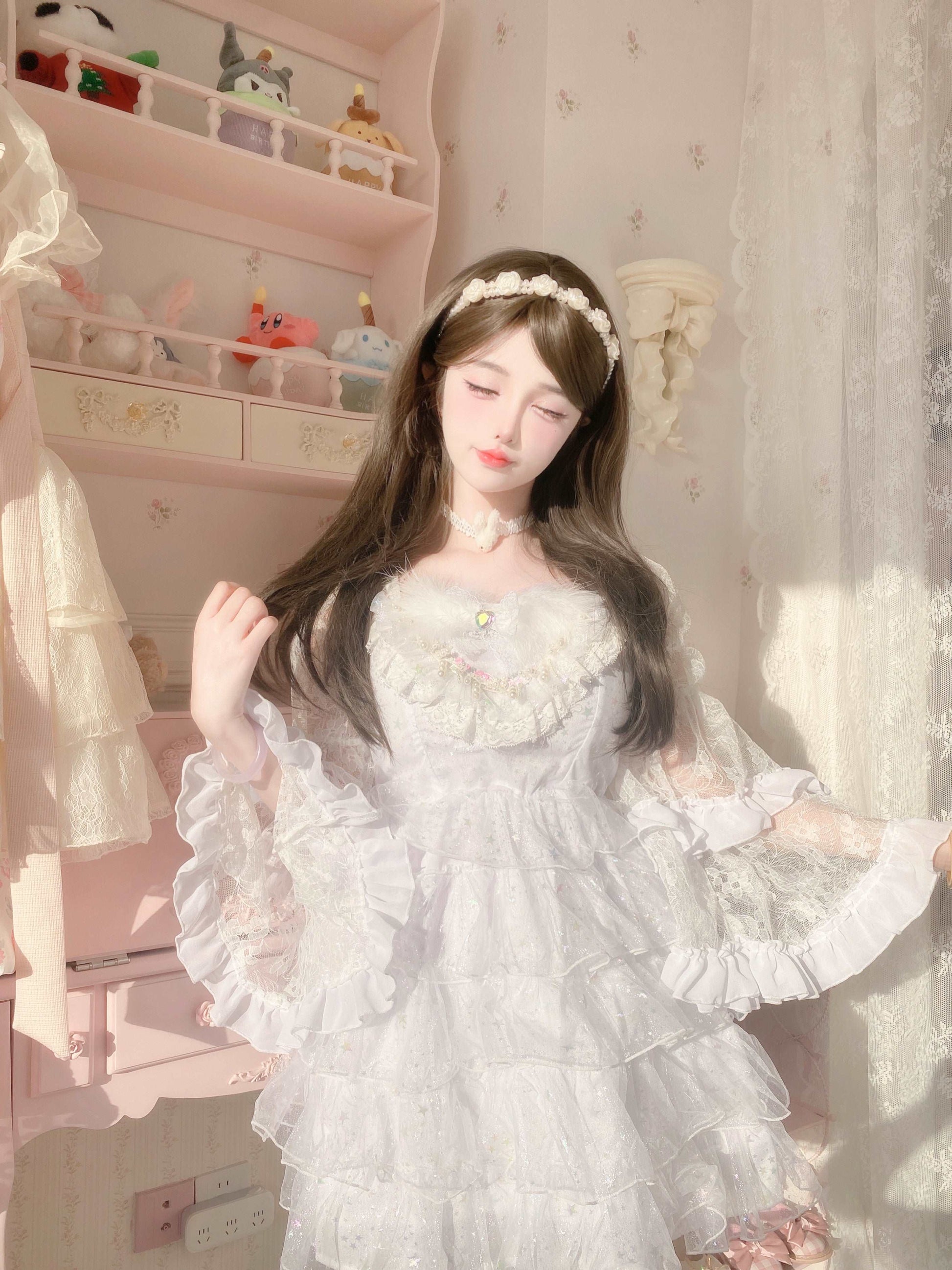 Candy Fairy Feather Fluttering White Angel Princess Ruffled Trumpet Sleeve Dress