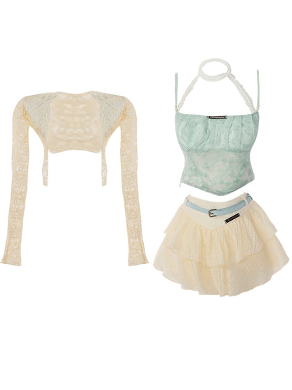 Serendipity Mint Toffee Blue Camisole & Sheer Lace Cardigan & Ruffled White Skirt Three Piece Set