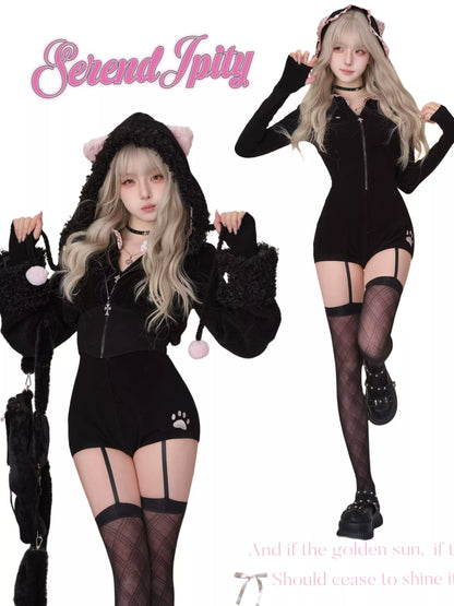 Serendipity Comic Black Cat Jacket & Bodysuit Rompers Two Piece Set