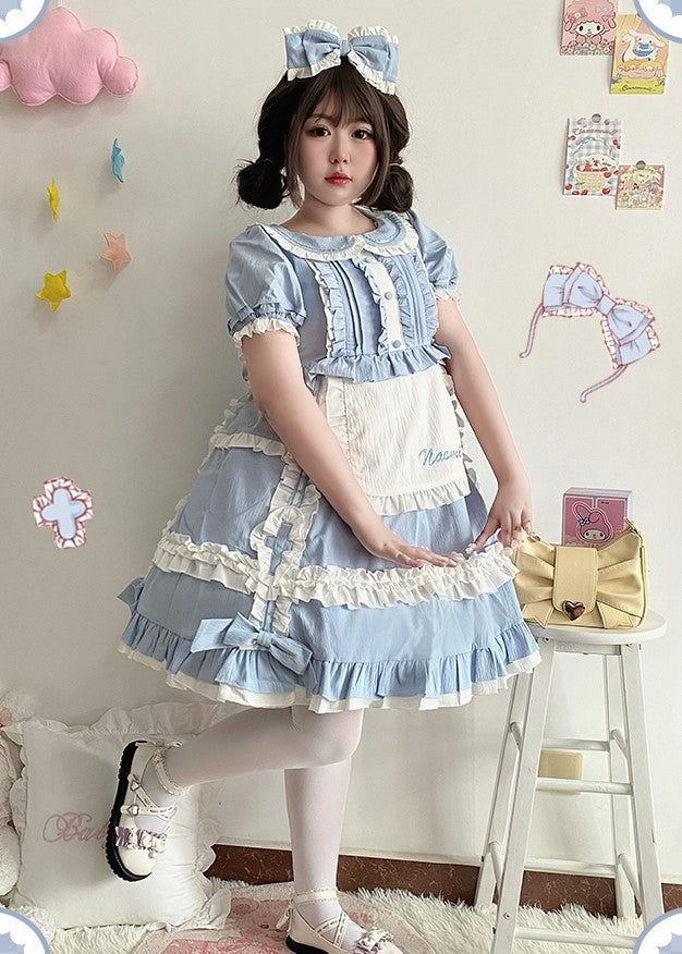 Plus Size Women Soft Girl Lolita Nurse Pink Blue Purple Black Puff Sleeve Dress