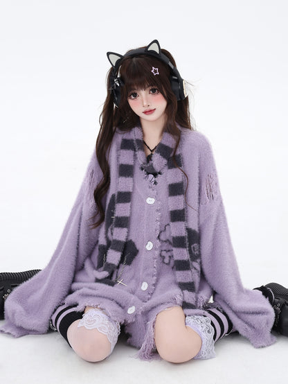 Crazy Girl Doomsday Purple Black Gray Fuzzy Sweater & Striped Scarf Set