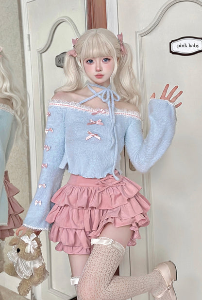 Serendipity Coquette Sweet Bow Blue Sweater & Pink Ruffled Skirt Two Piece Set