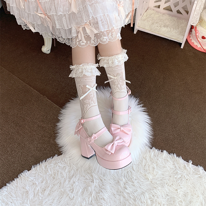 Moe Heart Tea Party Black White Cream Pink Blue Lolita High Heels Shoes