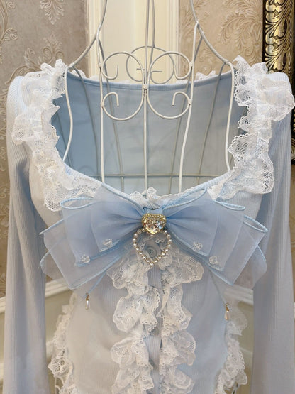 Sweetheart Princess Wood Lace Trumpet Sleeve Blue Top