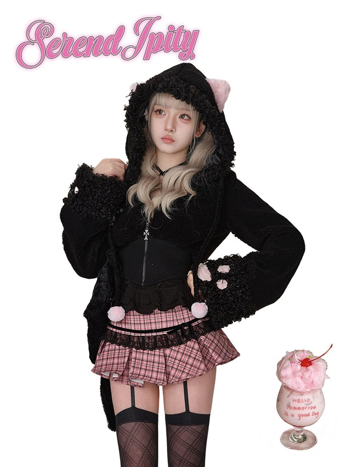 Serendipity Comic Rebellious Cat Black Jacket & Cami & Pink Plaid Skirt Three Piece Set