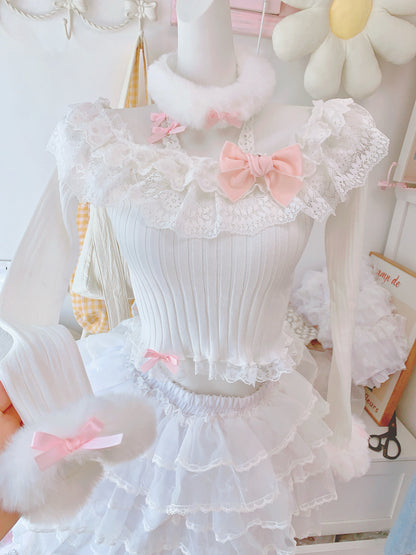 Candy Fairy Pearl Lace White Knit Sweater