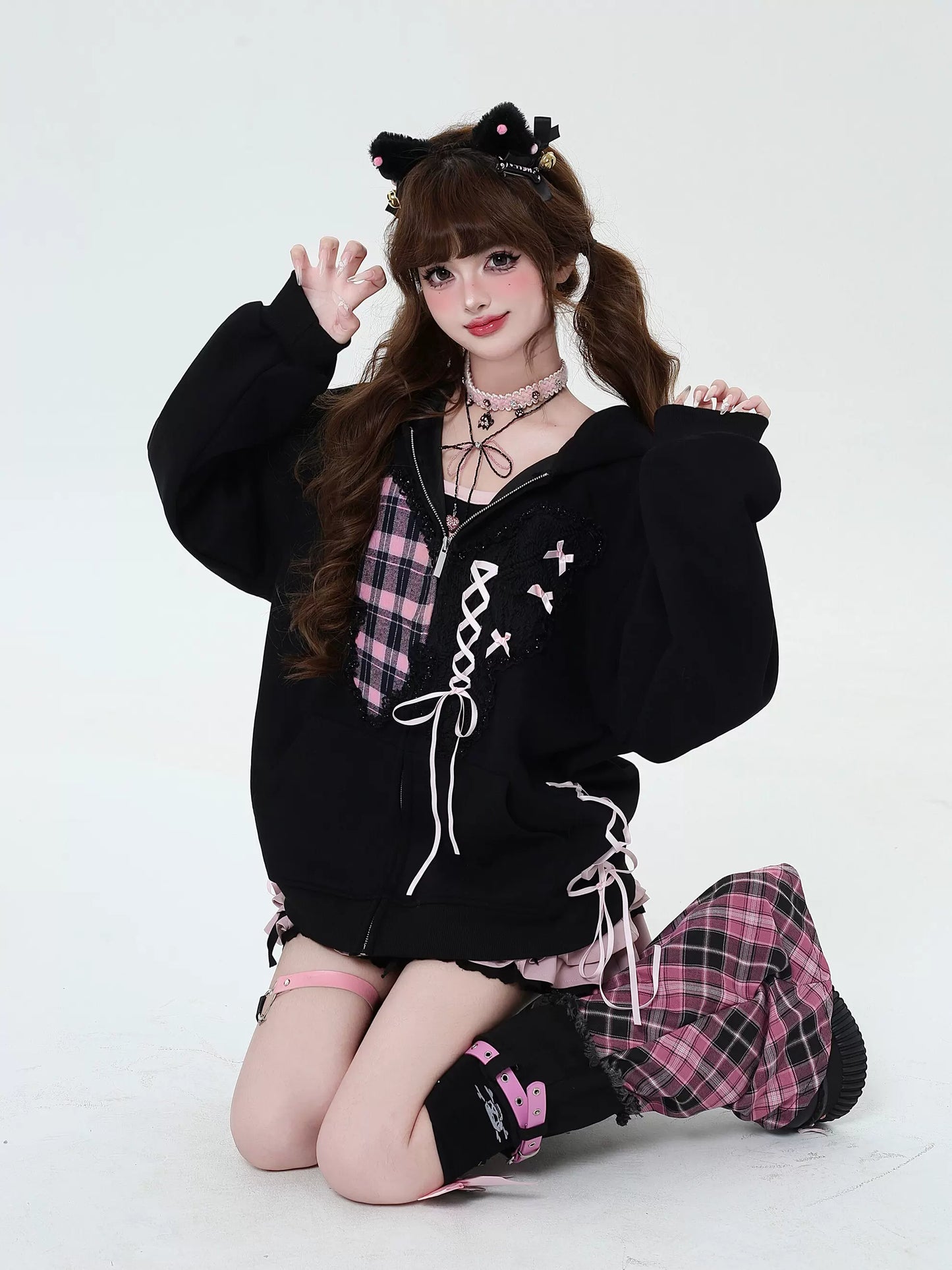 Crazy Girl Plaid Lace Pink Black Jacket Hoodie