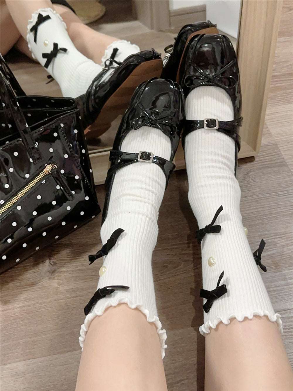 Coquette Black Bow Heart Mid Calf White Socks