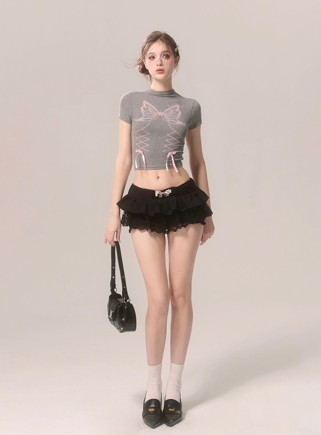 Young Eyes Butterfly Coquette Bow White & Gray Shirt Top