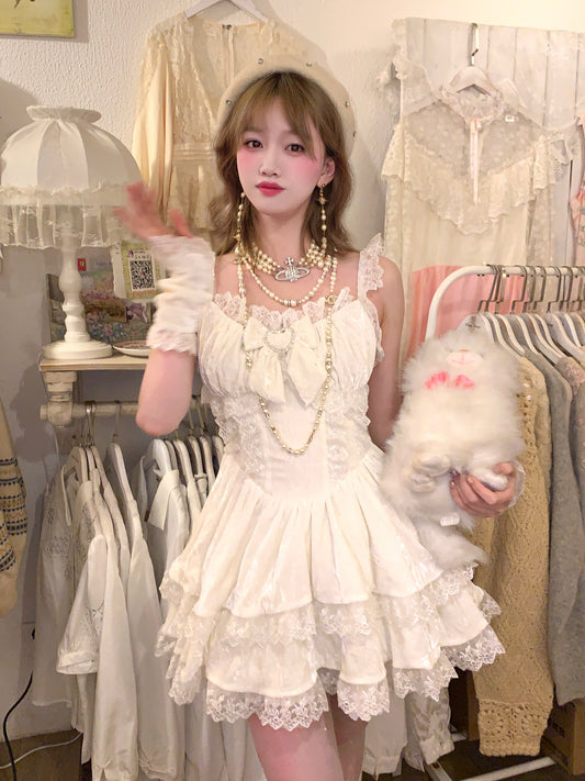 Picnic Girl Vanilla Latte Sweet Balletcore White Lace Strap Dress