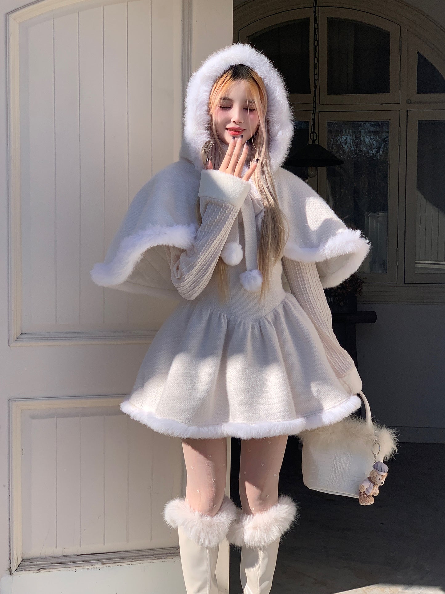 Picnic Girl Winter Ice Elf Princess White Dress & Hooded Cape Two Piece Set