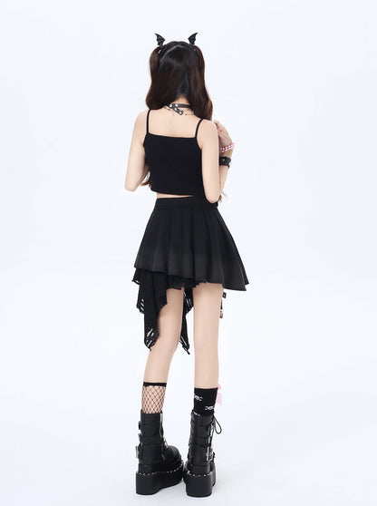 Crazy Girl Black Dragon Bow Camisole Top & Unknown Romance Pleated Skirt Two Piece Set