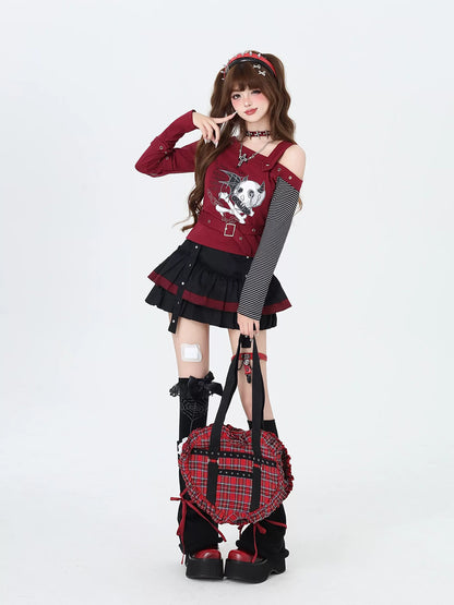 Crazy Girl Taotao Oolong 2.0 Black Red Ruffle Short Skirt