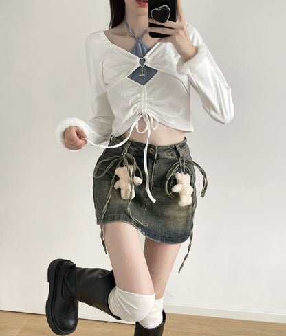 Teddy Bear Doll Grunge Y2K Dirty Wash Denim Short Skirt