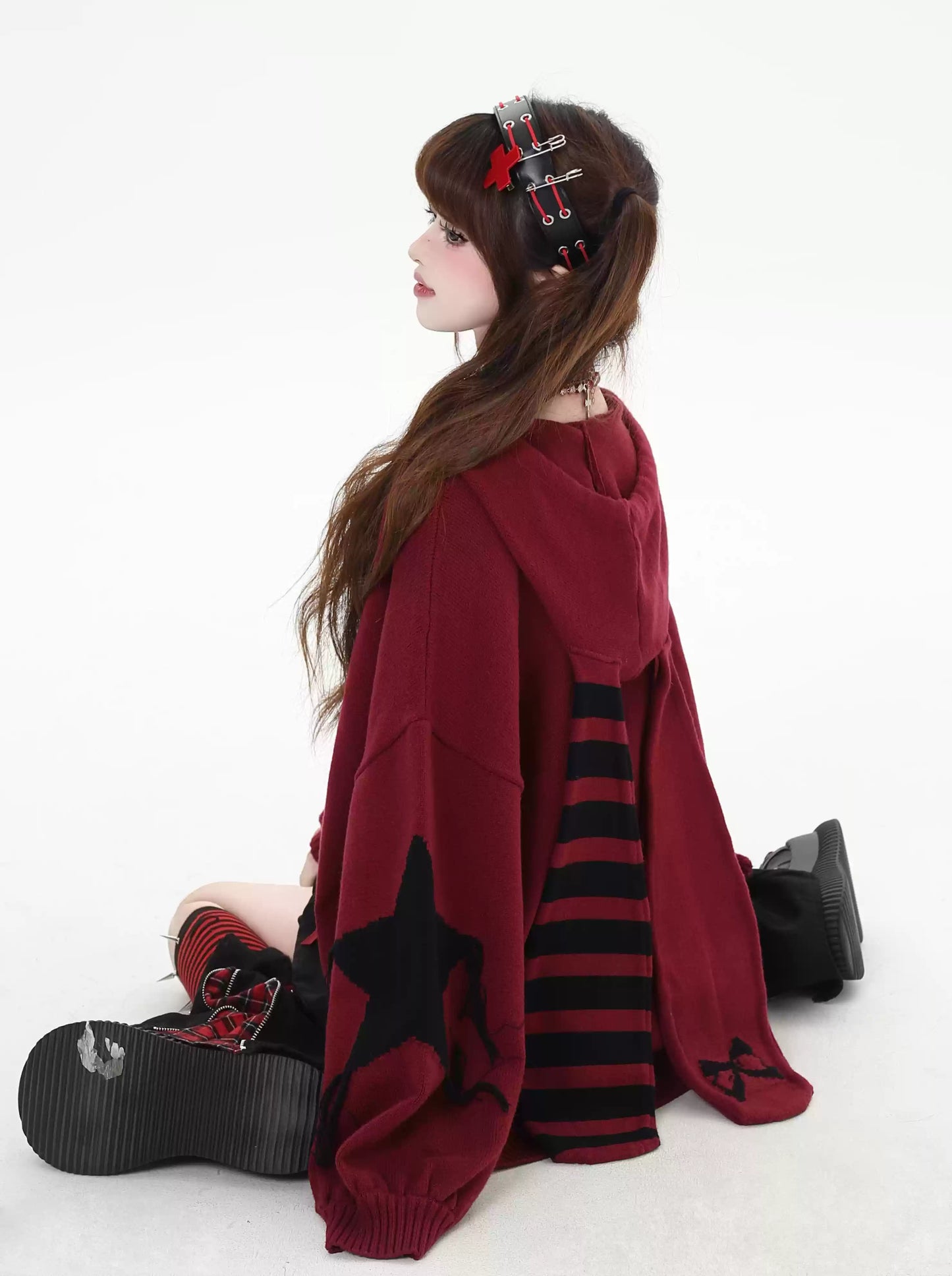 Crazy Girl Yabi Star Red Black Rabbit Ears Jacket Hoodie