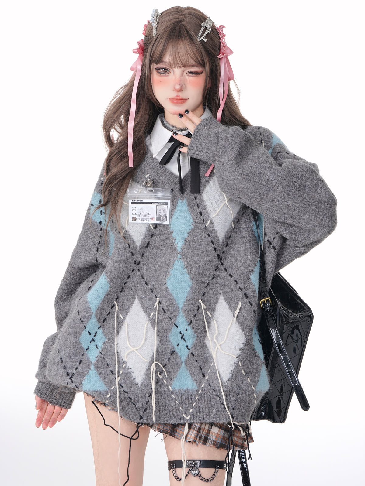 Young Eyes Autumn Winter Argyle Pink Brown Fuzzy Sweater