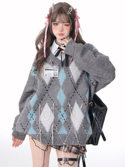 Young Eyes Autumn Winter Argyle Pink Brown Fuzzy Sweater