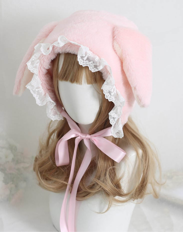 Sweet Rabbit Ear Pink & White Lace Lolita Handmade Fur Hats