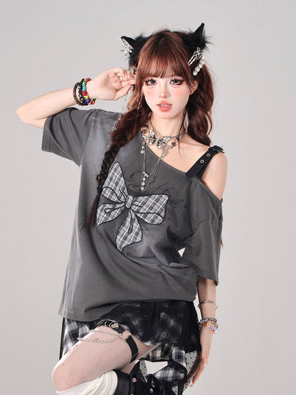 Young Eyes Plaid Bow Gray & White Off Shoulder Oversize Top