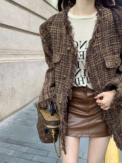 Autumn Classy Fringed V-Neck Brown Tweed Jacket