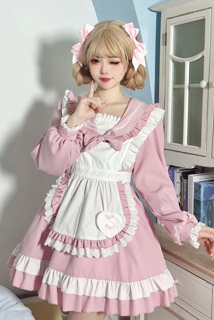 Serendipity Lolita Cosplay Blue & Pink Lace Ruffled Apron Maid Dress