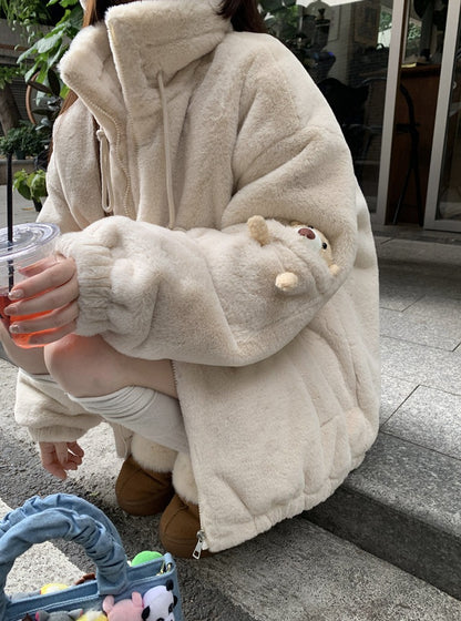 Fall Winter Plush High Collar 3D Bear White Jacket Coat