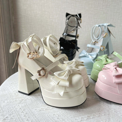 Love Letter Thrill of Love Lolita Black White Pink Blue Green Bow High Heels Shoes